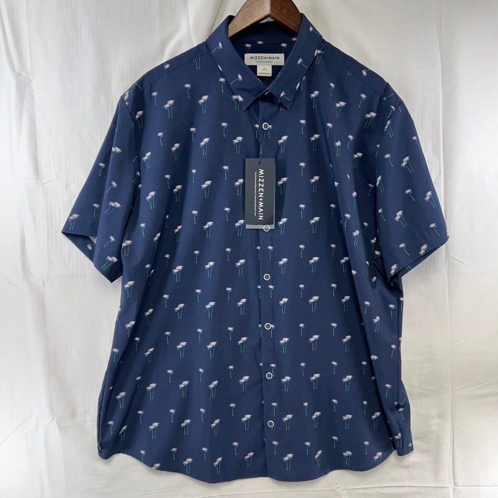 Mizzen+Main Leeward Performance Shirt Mens XL Navy Blue Palm Tree Short Sleeve